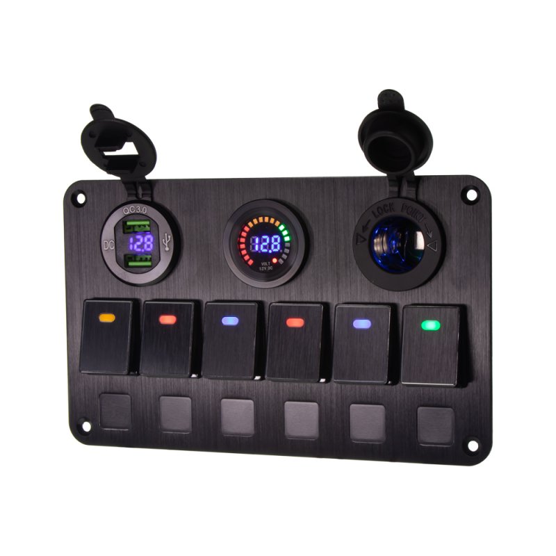 Panel s 6x spínači, CL, voltmetr + USB zásuvka, 12/24V (47157)