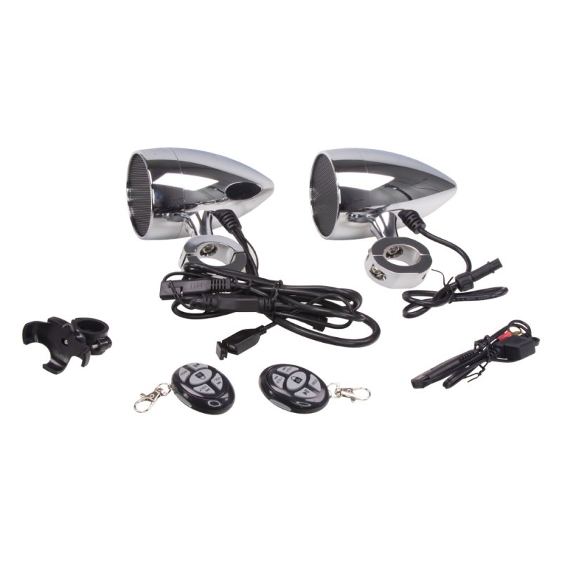 CARCLEVER Zvukový systém na motocykl, skútr, ATV s  USB, BT, 2 x dálkové ovládání, barva chrom (rsm102ch)