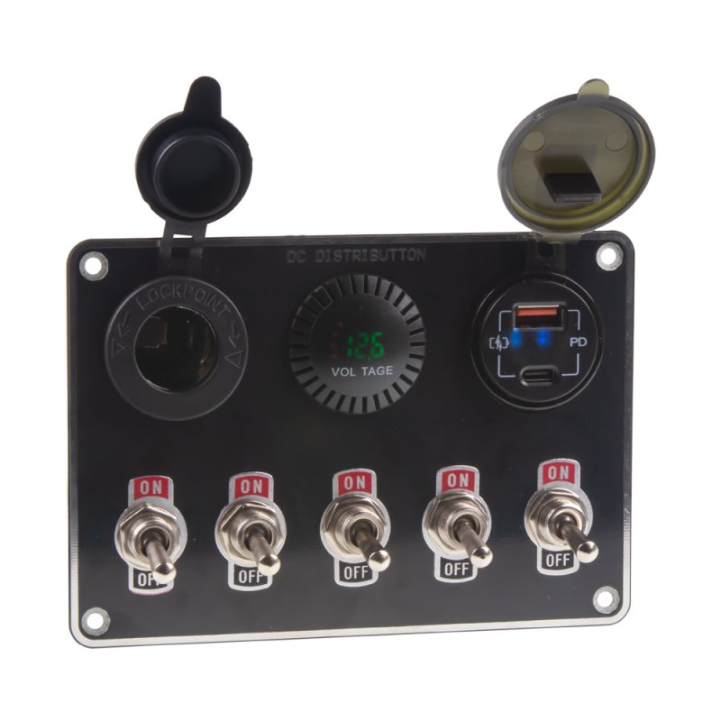 Panel s 5x spínači + 2x USB/Voltmetr a CL zásuvka, 12/24V (47180)