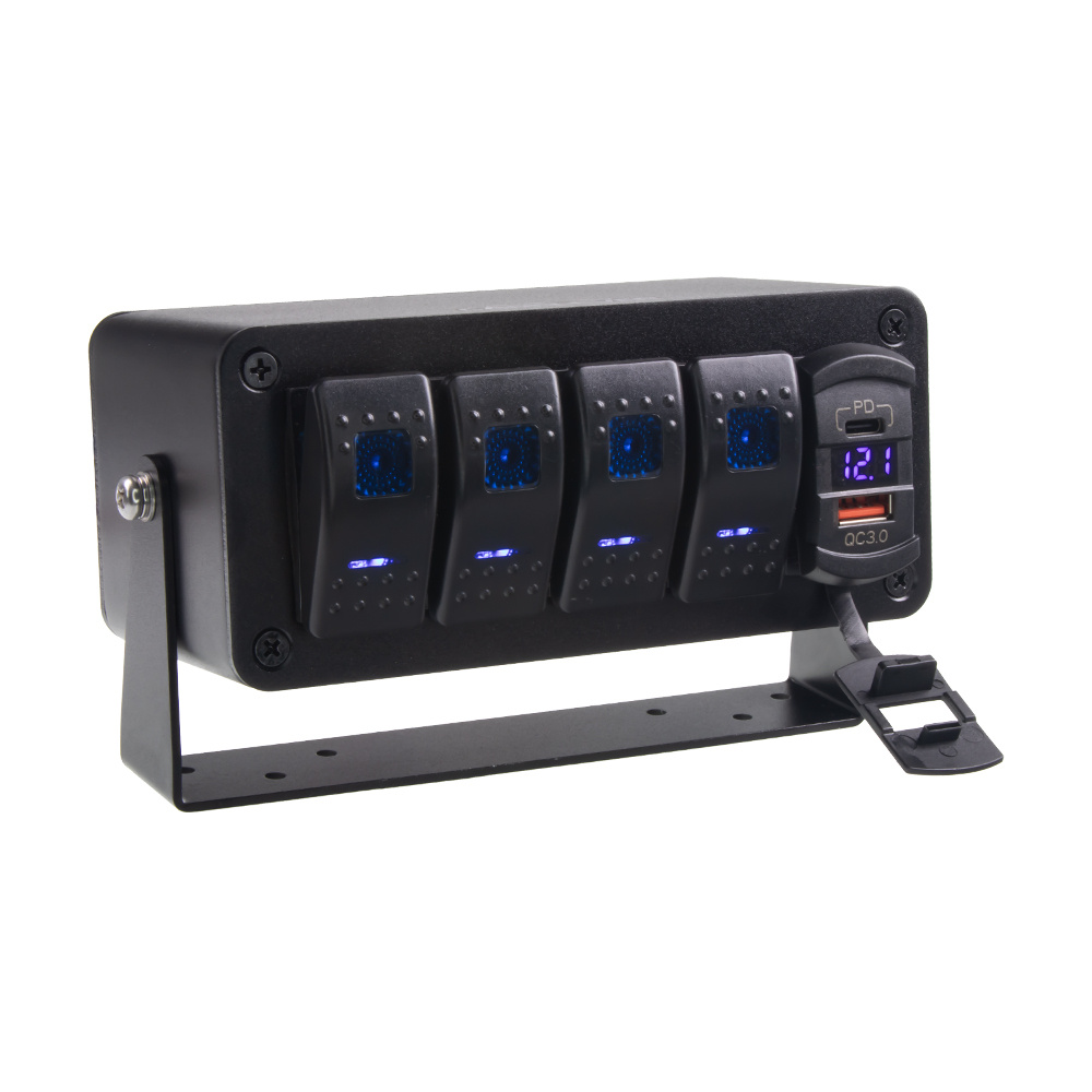 Panel s 4x spínači Rocker, voltmetr +  USB/USB-C zásuvka, 12/24V (47175)
